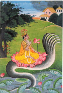 painting of Krishna riding a 7 headed cobra